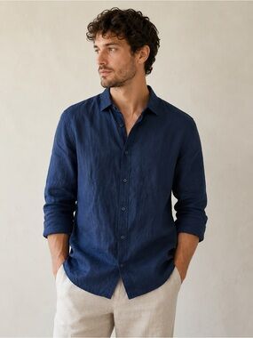 Collar & Co NWT Men's Navy 100% Linen Button-Down Dress Shirt.